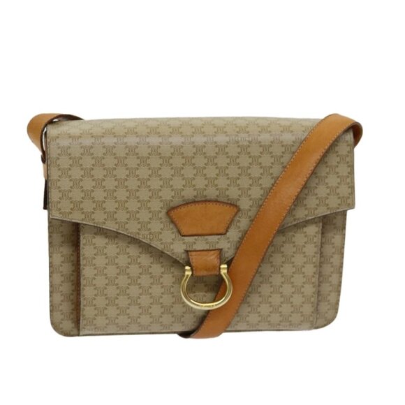 Authentic CELINE Macadam Canvas Shoulder Bag Beige Gold